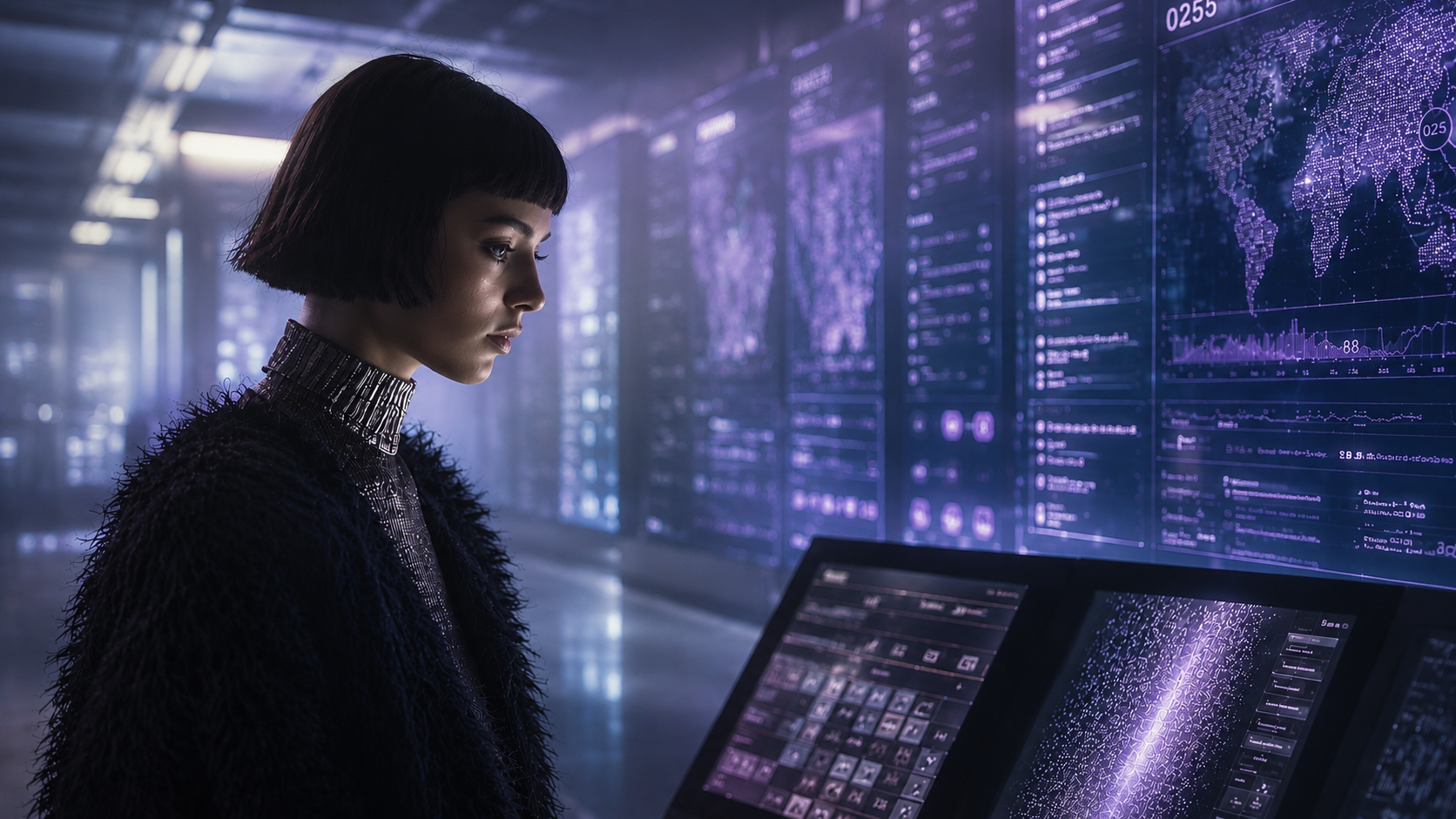 Futuristic technical SEO audit dashboard showing crawlers, sitemap, robots.txt, structured data and Core Web Vitals gauges over a holographic website wireframe